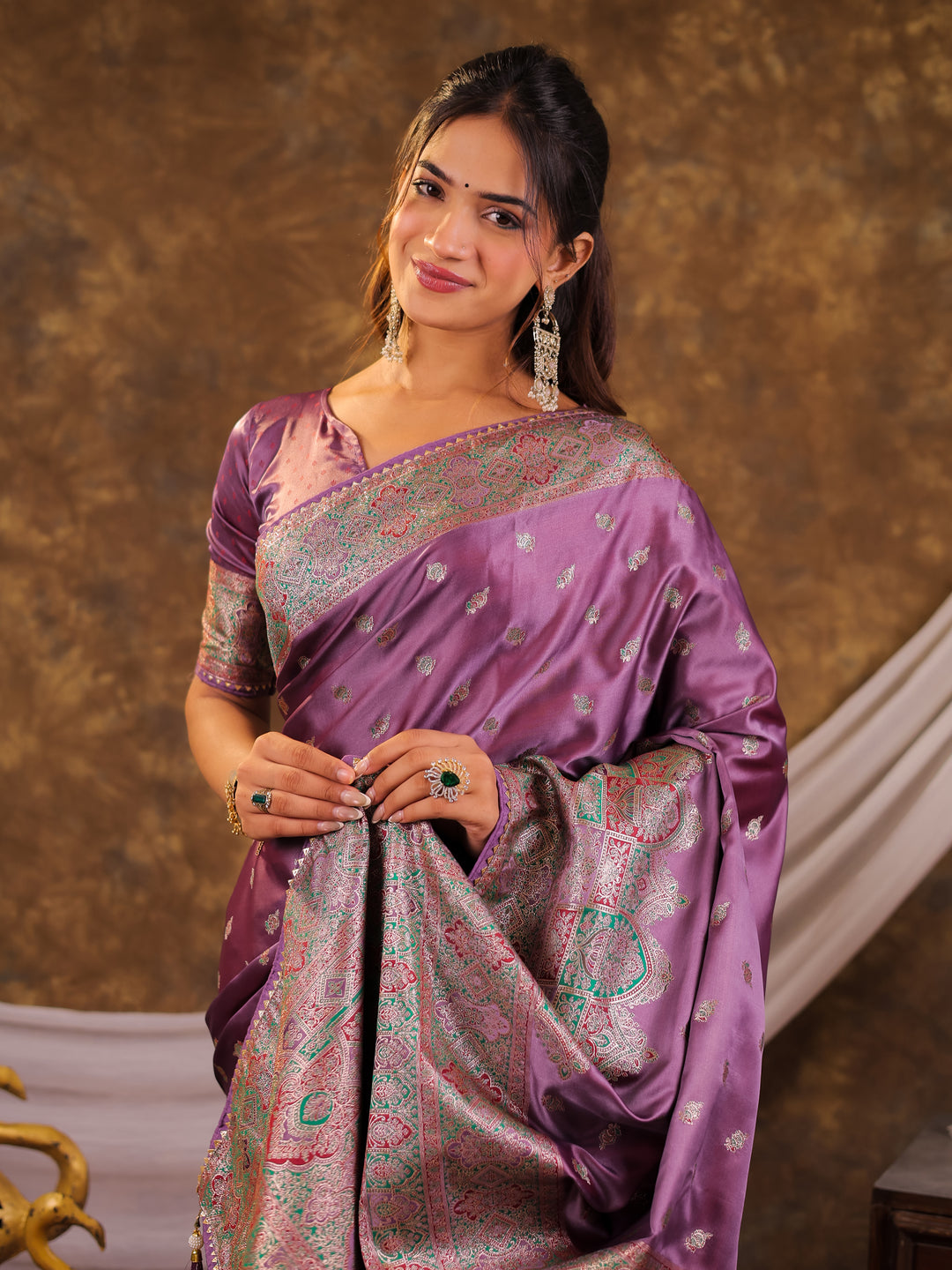 Lavender Purple Kanjivaram Banarasi Satin Silk Saree with Antique Silver Zari Weaving, Heritage Pallu & Tassel Detailing