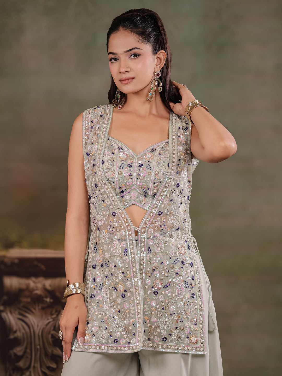 Sage Green Embroidered Three-Piece Co-Ord Set with Designer Overlay & Wide-Leg Palazzo