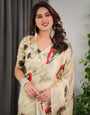 Cream Floral Satin Georgette Saree with Red & Green Artistic Flower Print and Designer Contrast Blouse