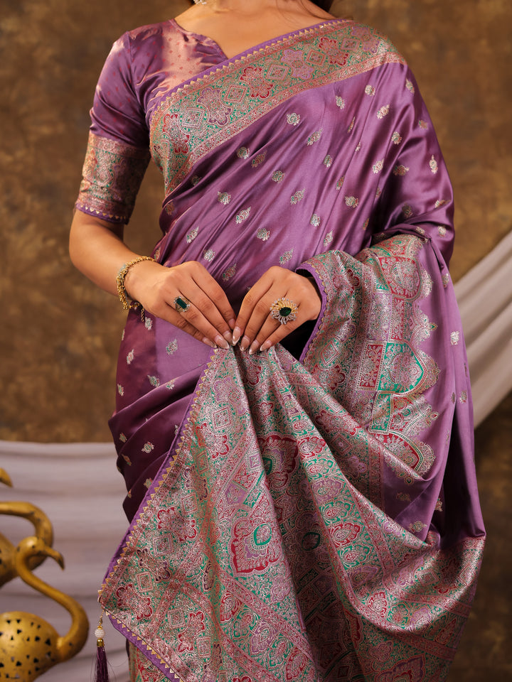 Lavender Purple Kanjivaram Banarasi Satin Silk Saree with Antique Silver Zari Weaving, Heritage Pallu & Tassel Detailing