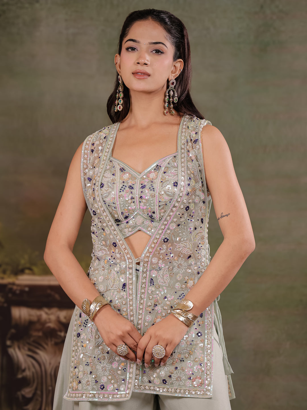 Sage Green Embroidered Three-Piece Co-Ord Set with Designer Overlay & Wide-Leg Palazzo