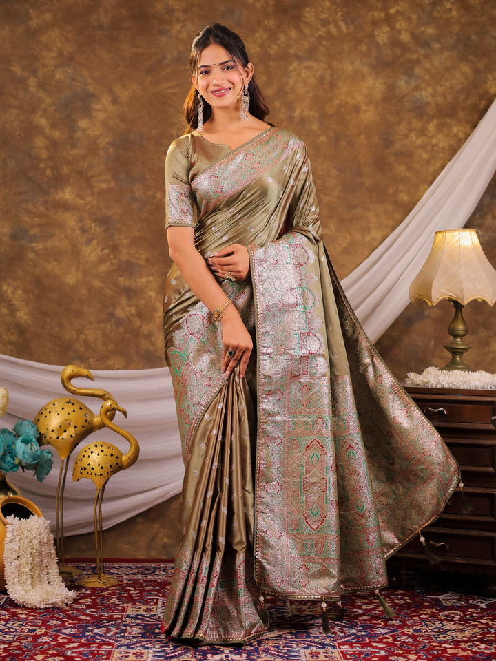 Olive Green Kanjivaram Banarasi Satin Silk Saree with Antique Silver Zari Weaving, Heritage Pallu & Tassel Detailing