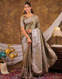 Olive Green Kanjivaram Banarasi Satin Silk Saree with Antique Silver Zari Weaving, Heritage Pallu & Tassel Detailing