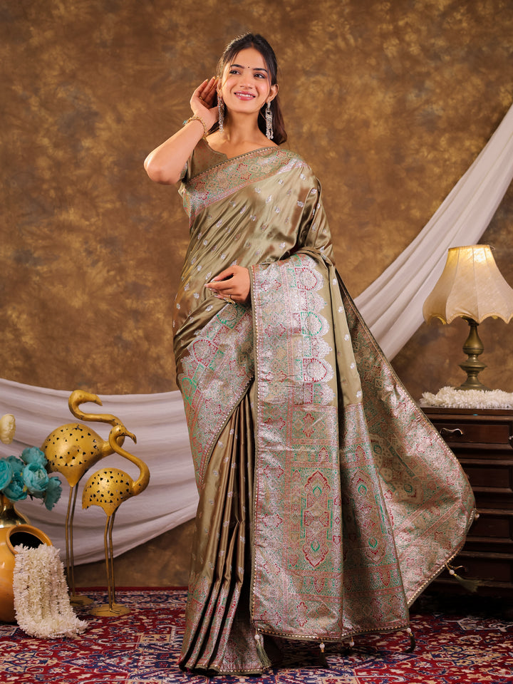 Olive Green Kanjivaram Banarasi Satin Silk Saree with Antique Silver Zari Weaving, Heritage Pallu & Tassel Detailing