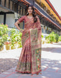 Maroon Handloom Cotton Saree with Intricate Peacock & Floral Art – Contrast Green Pallu