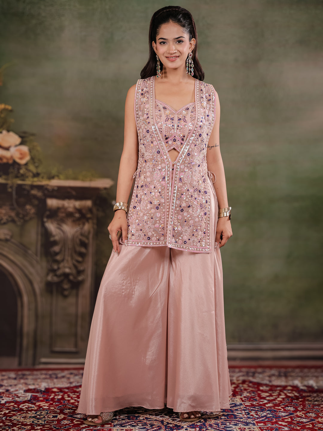 Blush Pink Embroidered Three-Piece Co-Ord Set with Designer Overlay & Wide-Leg Palazzo