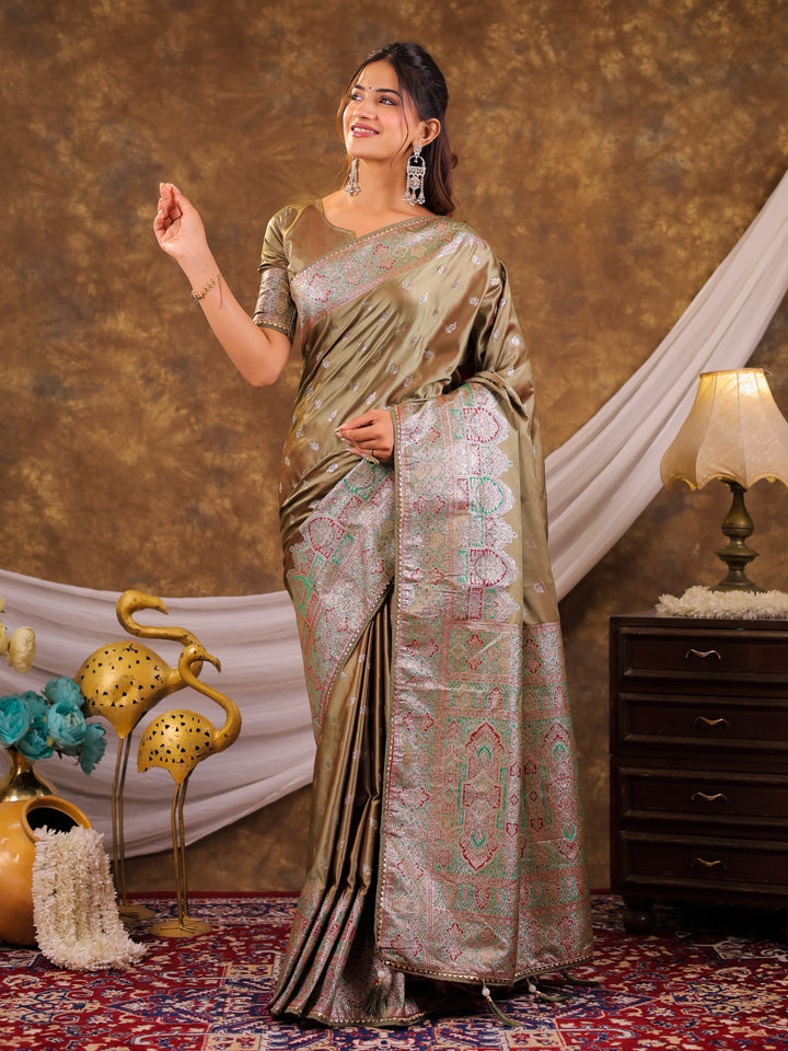 Olive Green Kanjivaram Banarasi Satin Silk Saree with Antique Silver Zari Weaving, Heritage Pallu & Tassel Detailing