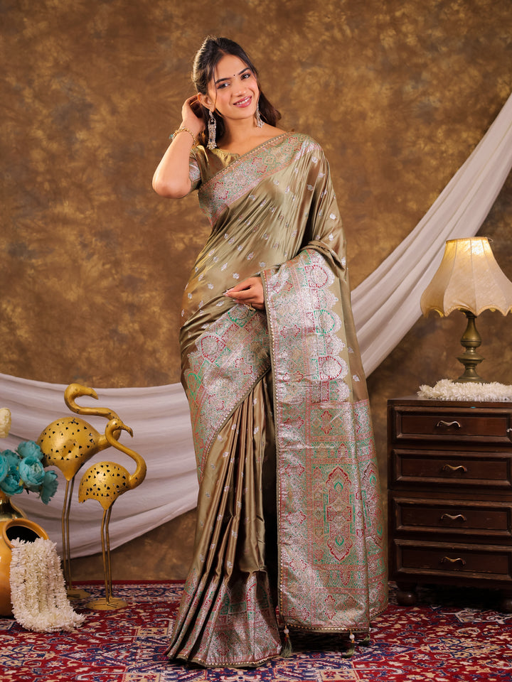 Olive Green Kanjivaram Banarasi Satin Silk Saree with Antique Silver Zari Weaving, Heritage Pallu & Tassel Detailing