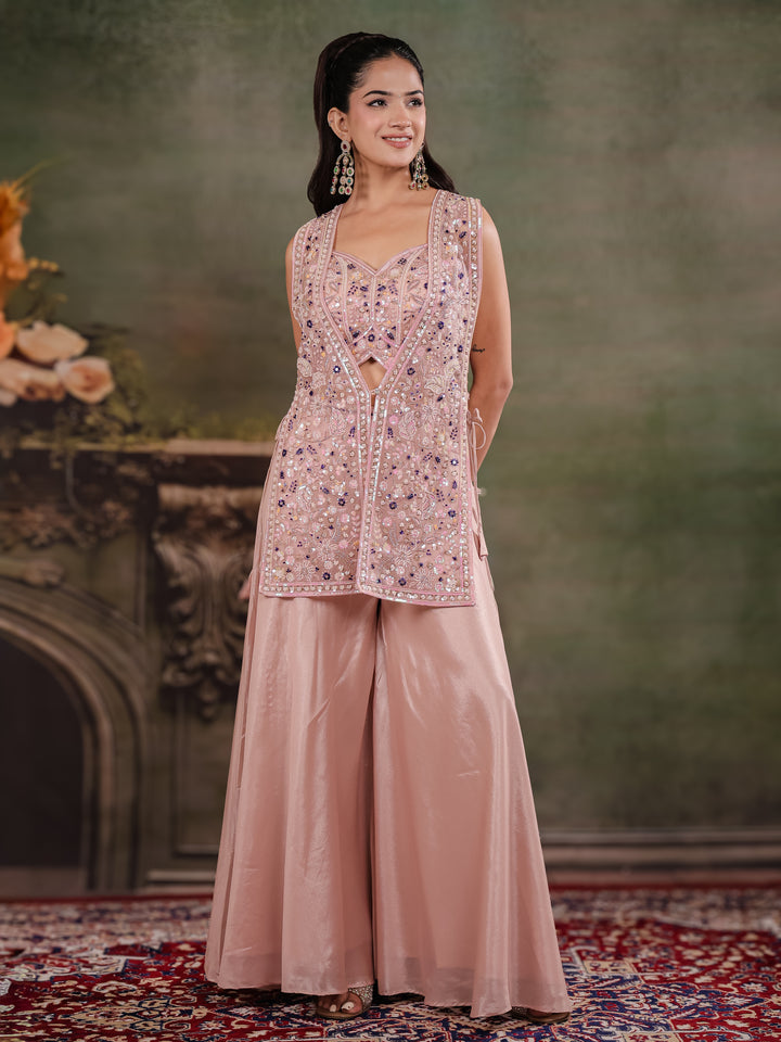 Blush Pink Embroidered Three-Piece Co-Ord Set with Designer Overlay & Wide-Leg Palazzo
