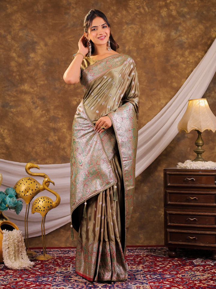 Olive Green Kanjivaram Banarasi Satin Silk Saree with Antique Silver Zari Weaving, Heritage Pallu & Tassel Detailing