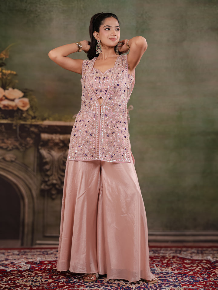 Blush Pink Embroidered Three-Piece Co-Ord Set with Designer Overlay & Wide-Leg Palazzo