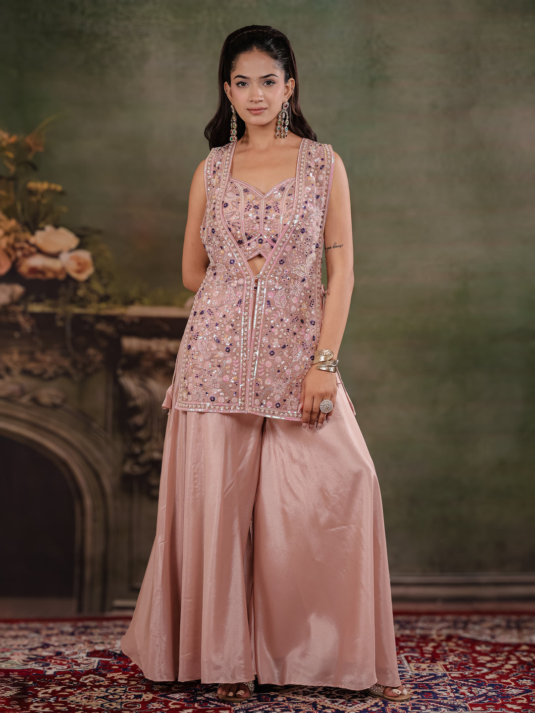 Blush Pink Embroidered Three-Piece Co-Ord Set with Designer Overlay & Wide-Leg Palazzo