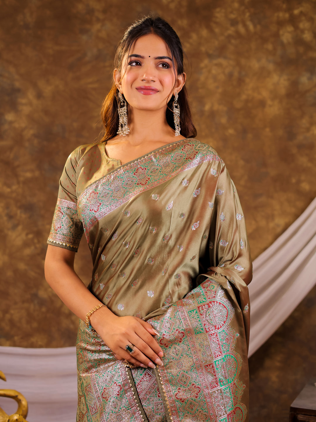 Olive Green Kanjivaram Banarasi Satin Silk Saree with Antique Silver Zari Weaving, Heritage Pallu & Tassel Detailing