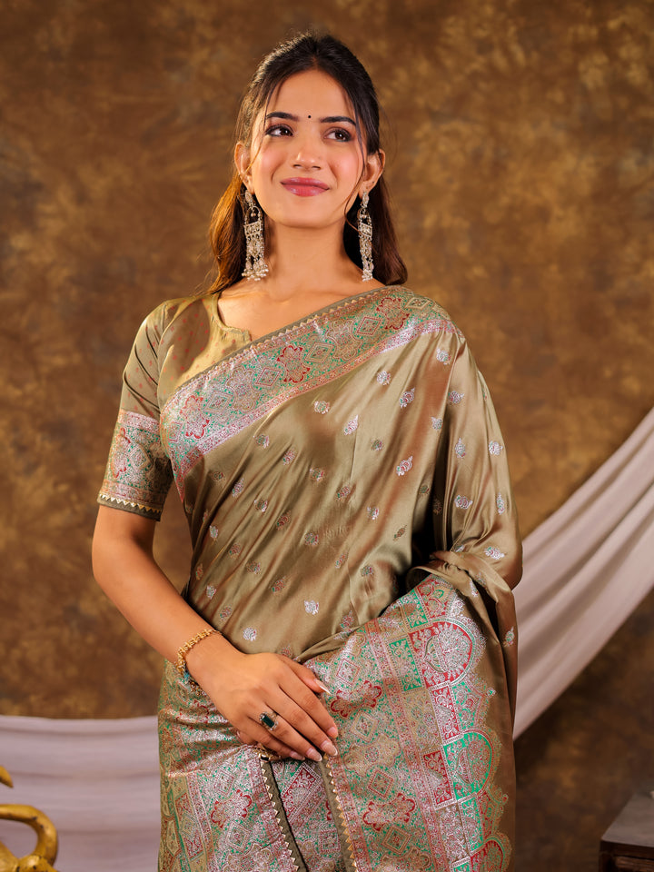Olive Green Kanjivaram Banarasi Satin Silk Saree with Antique Silver Zari Weaving, Heritage Pallu & Tassel Detailing