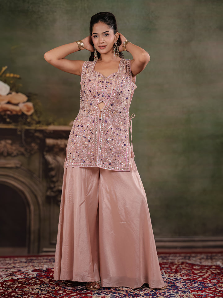 Blush Pink Embroidered Three-Piece Co-Ord Set with Designer Overlay & Wide-Leg Palazzo