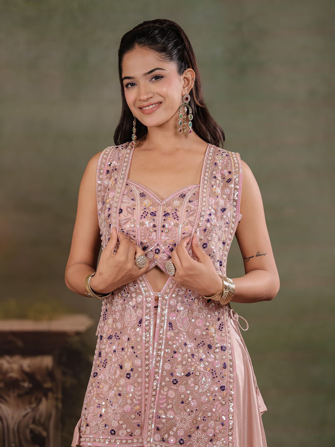 Blush Pink Embroidered Three-Piece Co-Ord Set with Designer Overlay & Wide-Leg Palazzo