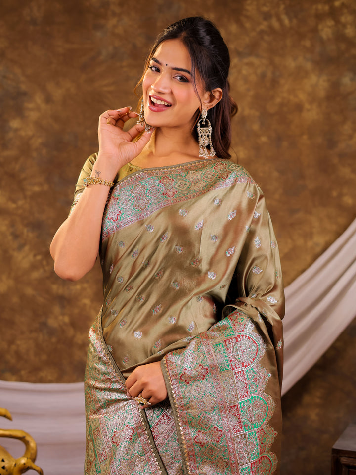 Olive Green Kanjivaram Banarasi Satin Silk Saree with Antique Silver Zari Weaving, Heritage Pallu & Tassel Detailing