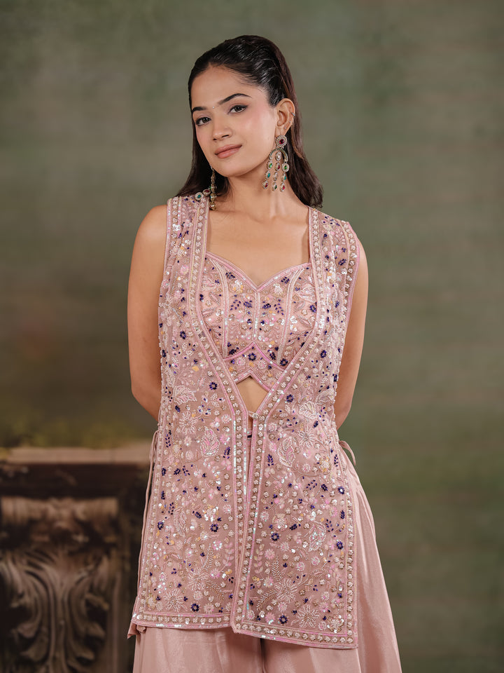 Blush Pink Embroidered Three-Piece Co-Ord Set with Designer Overlay & Wide-Leg Palazzo