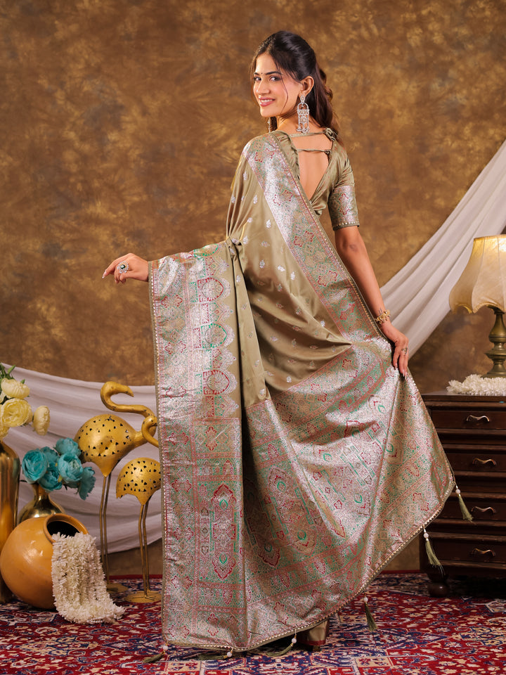 Olive Green Kanjivaram Banarasi Satin Silk Saree with Antique Silver Zari Weaving, Heritage Pallu & Tassel Detailing