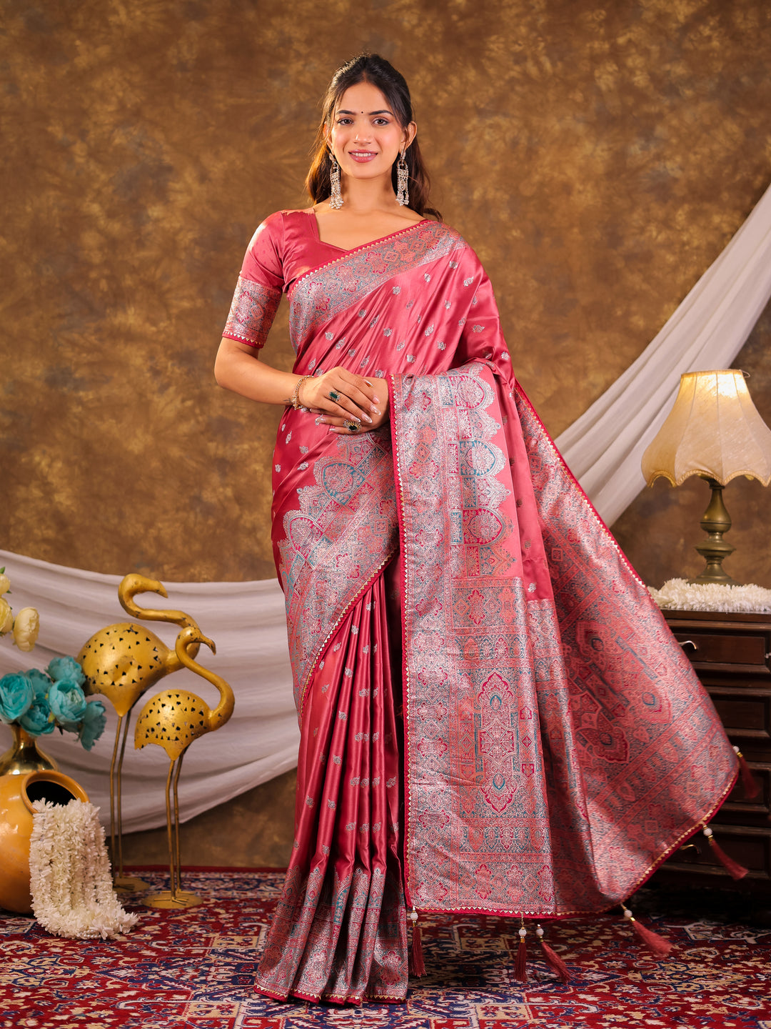 Rose Pink Kanjivaram Banarasi Satin Silk Saree with Antique Silver Zari Weaving, Heritage Pallu & Tassel Detailing