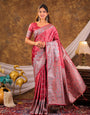 Rose Pink Kanjivaram Banarasi Satin Silk Saree with Antique Silver Zari Weaving, Heritage Pallu & Tassel Detailing