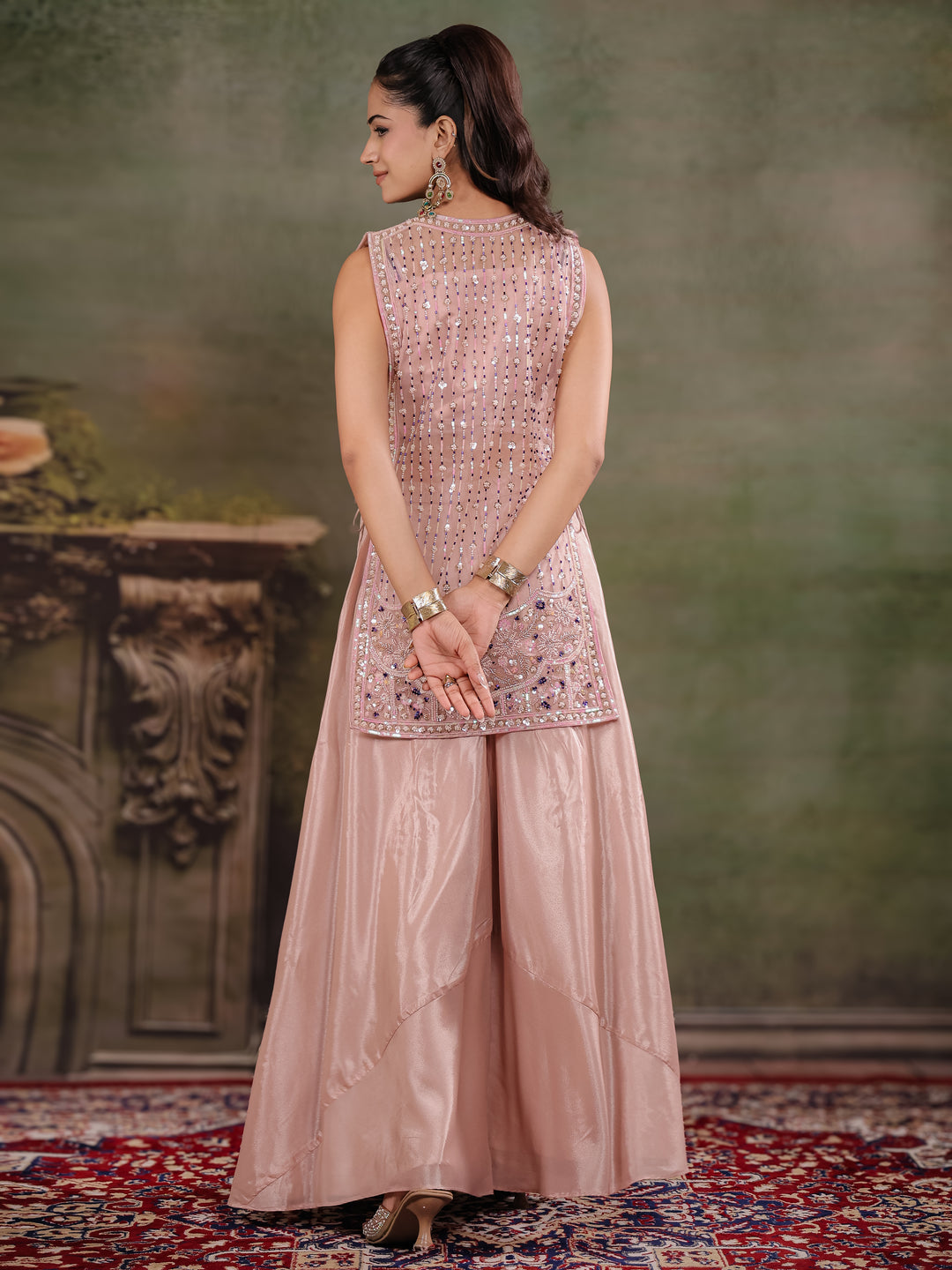 Blush Pink Embroidered Three-Piece Co-Ord Set with Designer Overlay & Wide-Leg Palazzo