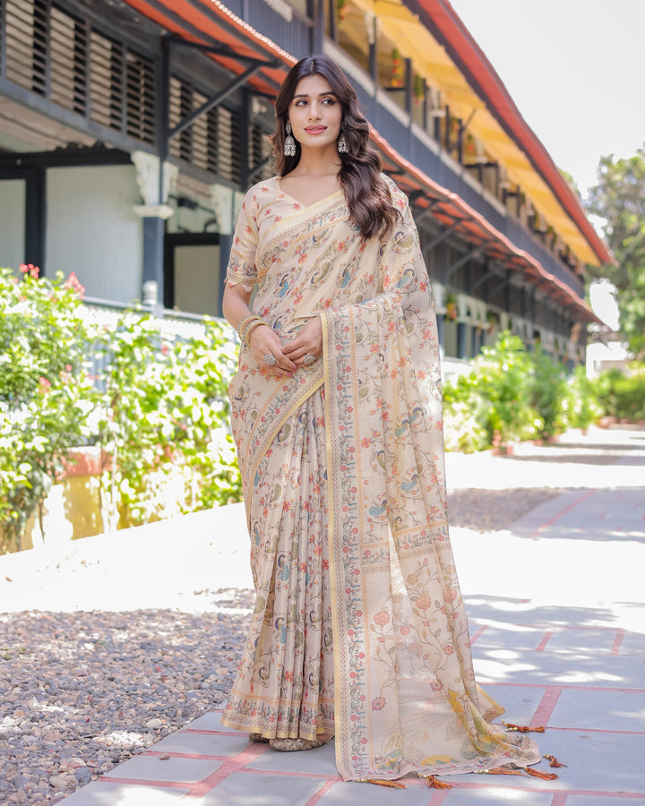 Ivory Cream Handloom Cotton Saree with Peacock & Floral Digital Print