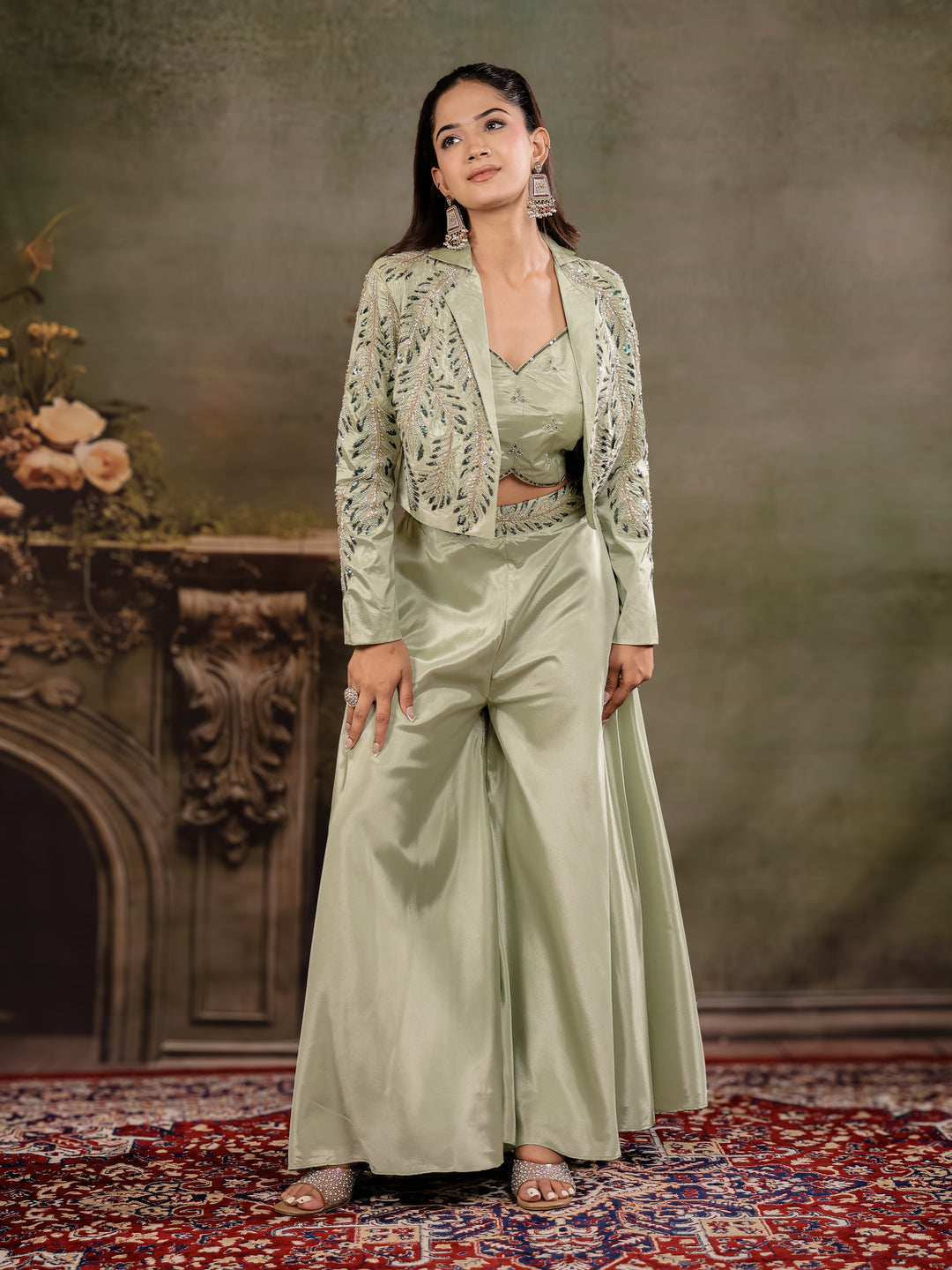 Sage Green Satin Co-Ord Set with Embroidered Crop Top, Designer Jacket & Wide-Leg Palazzo