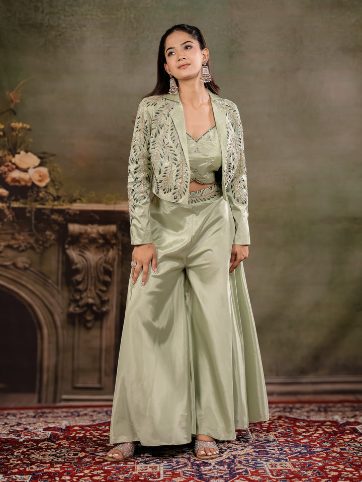 Sage Green Satin Co-Ord Set with Embroidered Crop Top, Designer Jacket & Wide-Leg Palazzo
