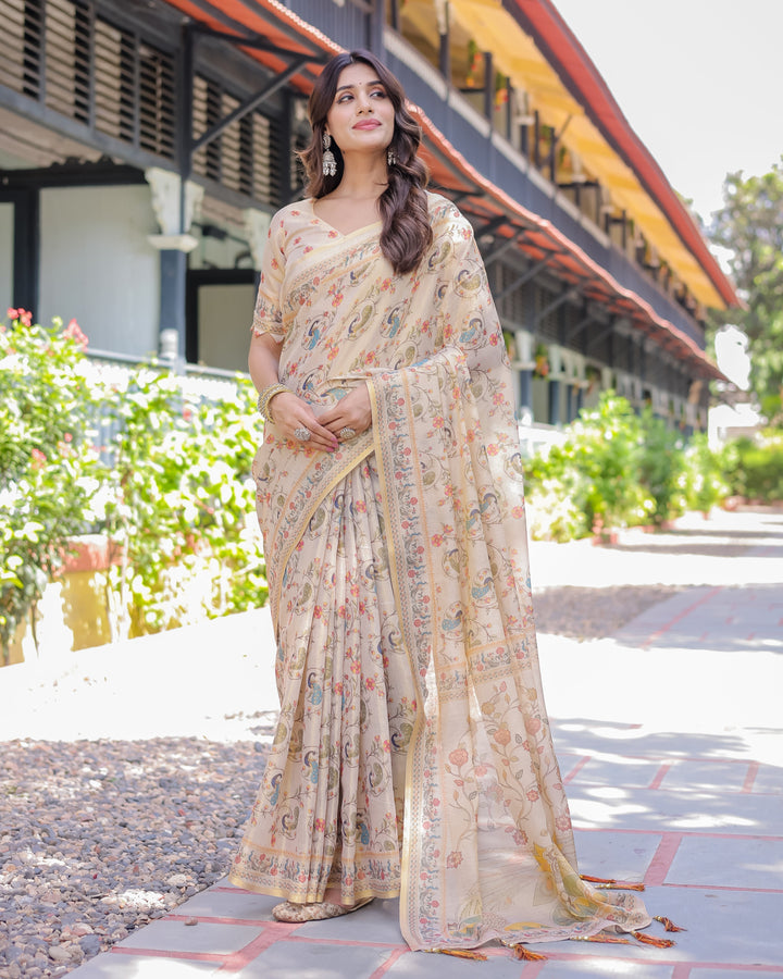 Ivory Cream Handloom Cotton Saree with Peacock & Floral Digital Print