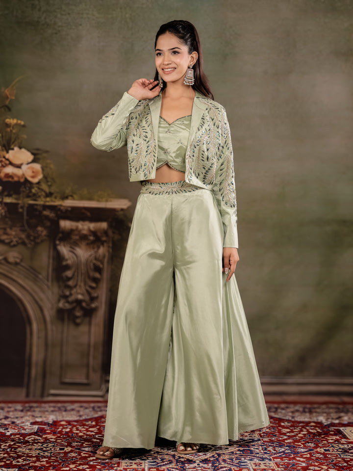 Sage Green Satin Co-Ord Set with Embroidered Crop Top, Designer Jacket & Wide-Leg Palazzo