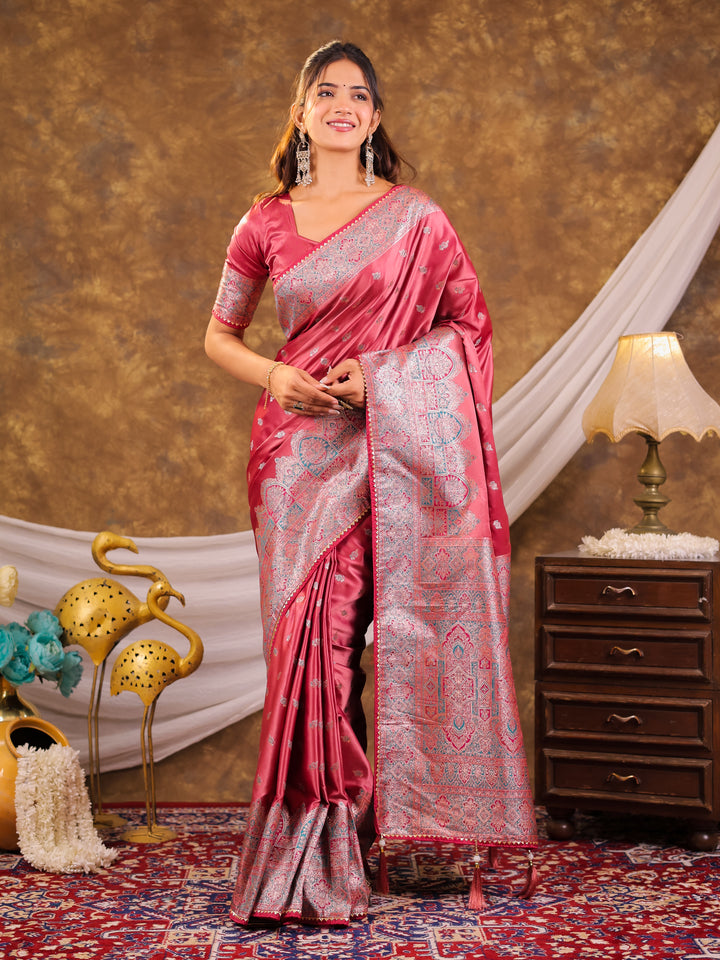 Rose Pink Kanjivaram Banarasi Satin Silk Saree with Antique Silver Zari Weaving, Heritage Pallu & Tassel Detailing