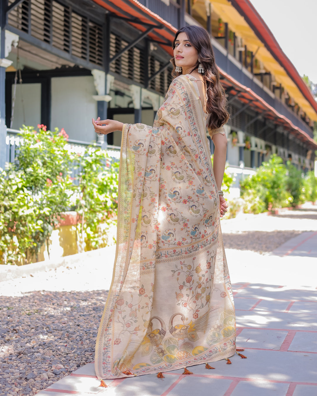 Ivory Cream Handloom Cotton Saree with Peacock & Floral Digital Print