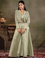 Sage Green Satin Co-Ord Set with Embroidered Crop Top, Designer Jacket & Wide-Leg Palazzo