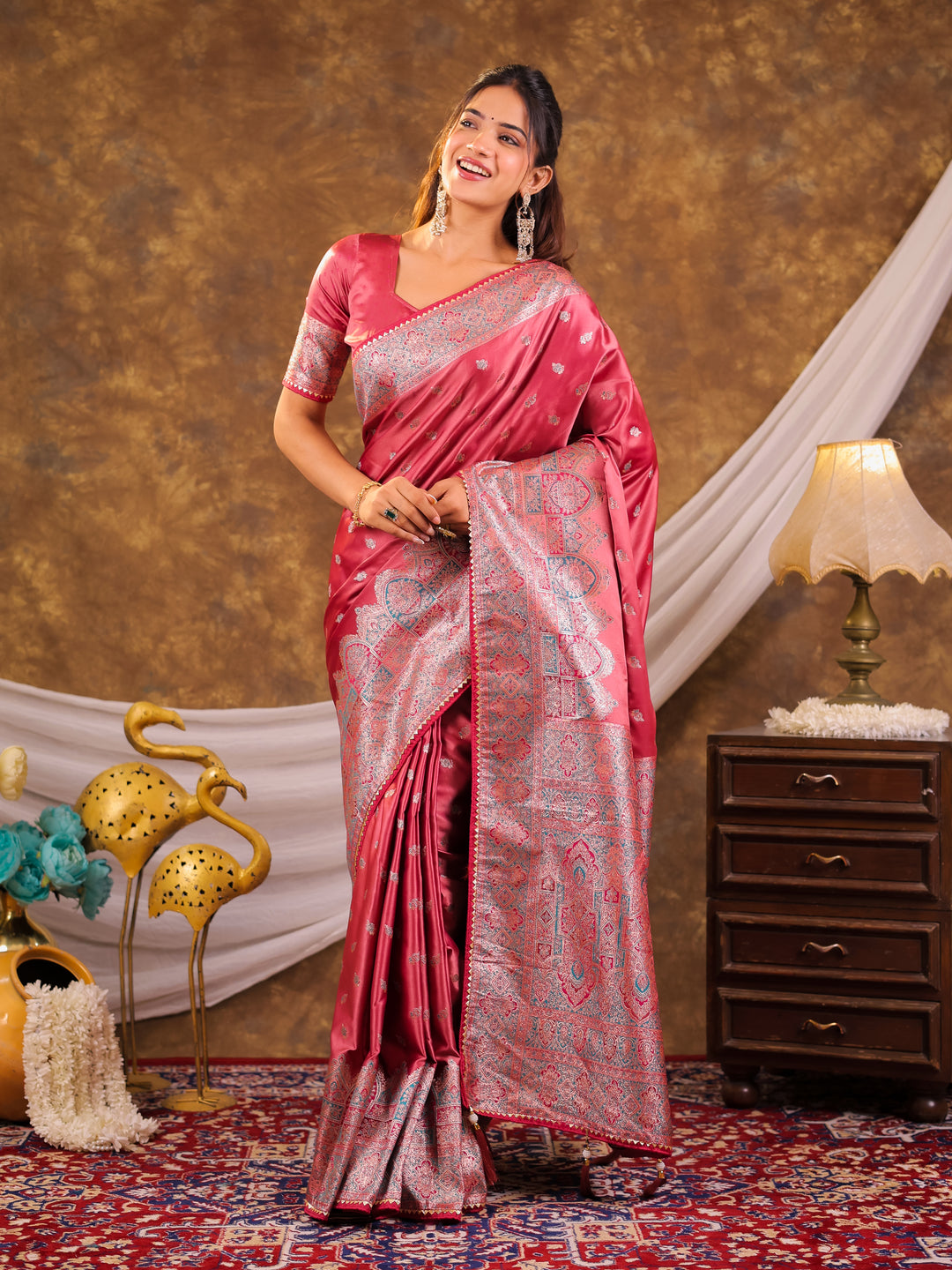 Rose Pink Kanjivaram Banarasi Satin Silk Saree with Antique Silver Zari Weaving, Heritage Pallu & Tassel Detailing