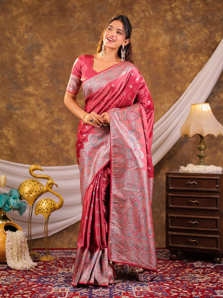 Rose Pink Kanjivaram Banarasi Satin Silk Saree with Antique Silver Zari Weaving, Heritage Pallu & Tassel Detailing