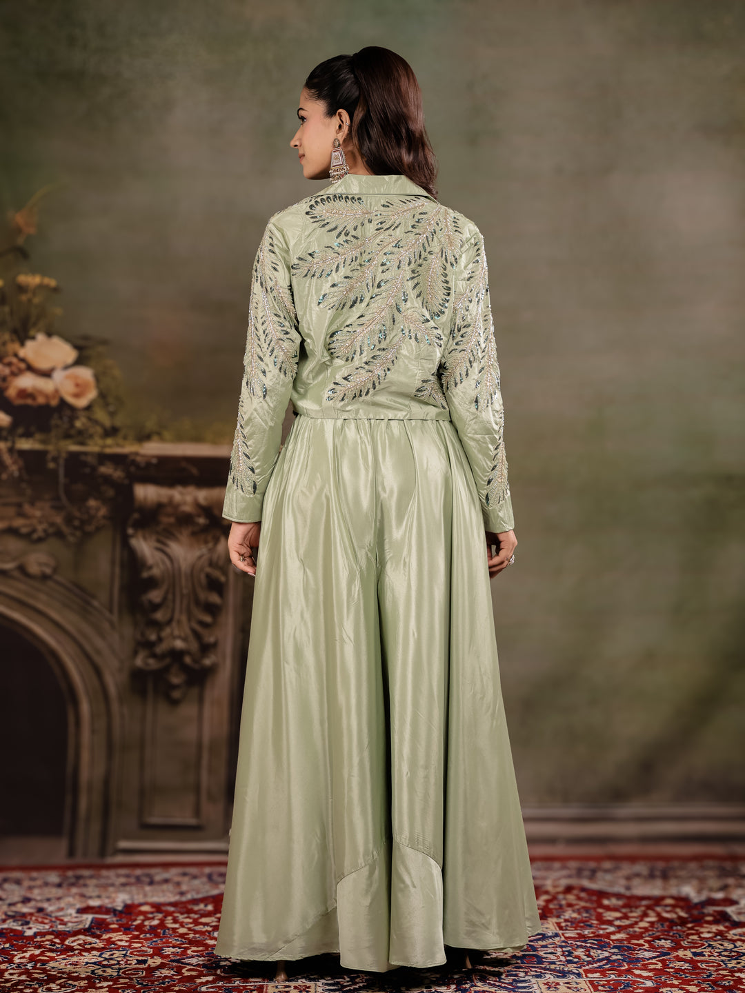 Sage Green Satin Co-Ord Set with Embroidered Crop Top, Designer Jacket & Wide-Leg Palazzo