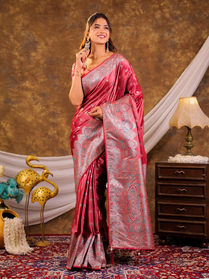 Rose Pink Kanjivaram Banarasi Satin Silk Saree with Antique Silver Zari Weaving, Heritage Pallu & Tassel Detailing