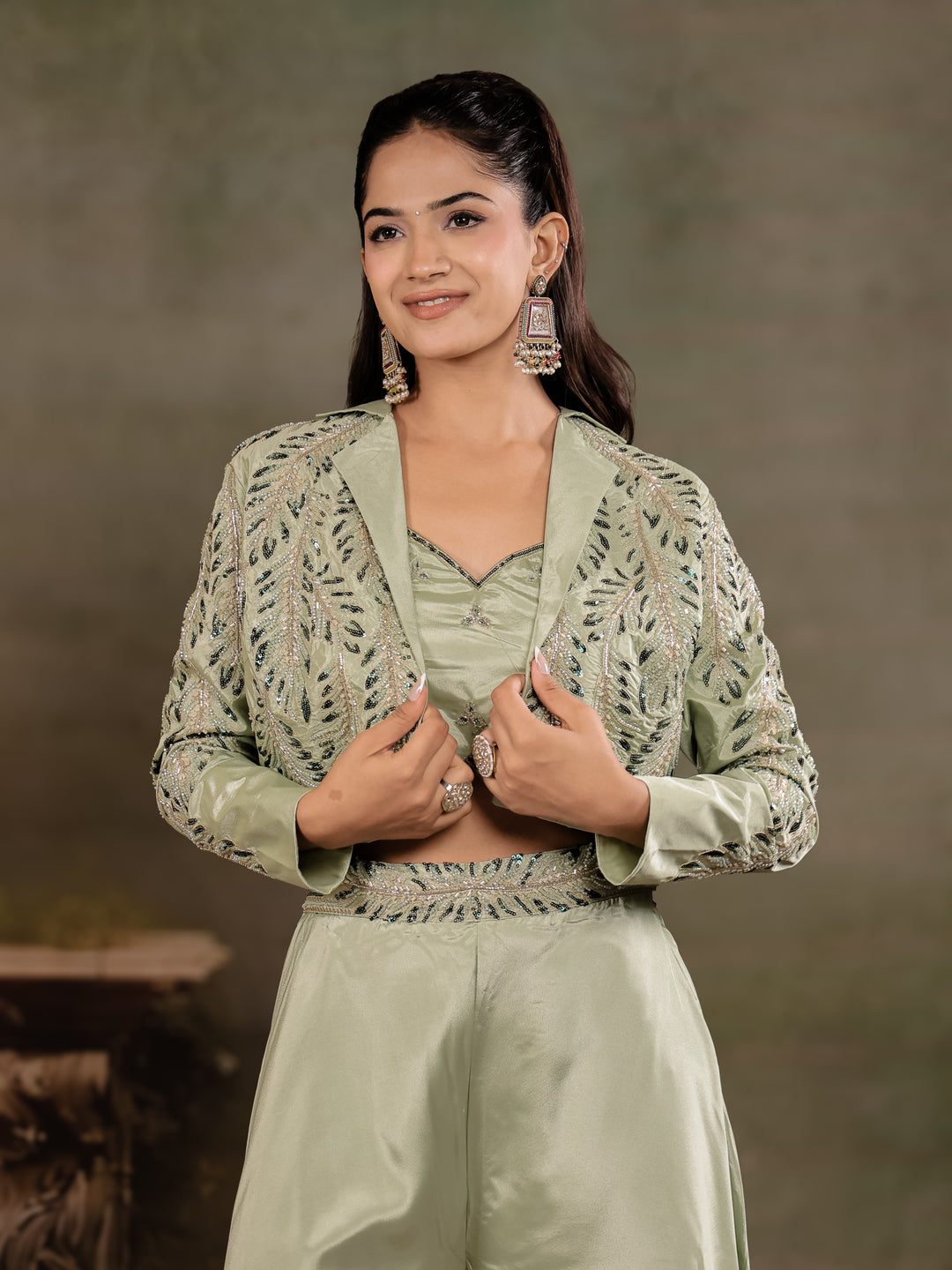 Sage Green Satin Co-Ord Set with Embroidered Crop Top, Designer Jacket & Wide-Leg Palazzo