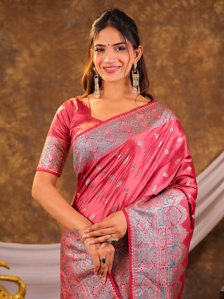 Rose Pink Kanjivaram Banarasi Satin Silk Saree with Antique Silver Zari Weaving, Heritage Pallu & Tassel Detailing