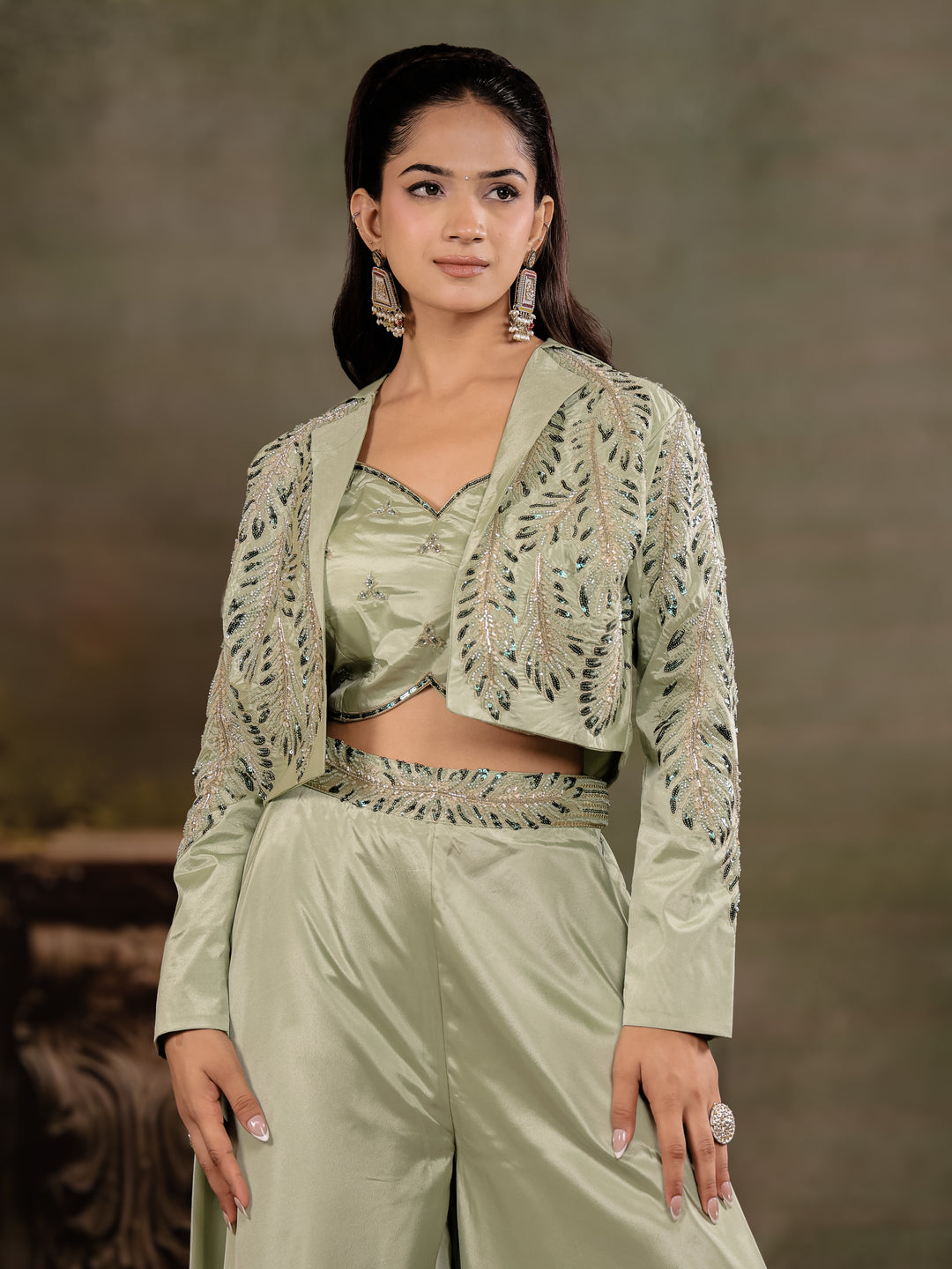 Sage Green Satin Co-Ord Set with Embroidered Crop Top, Designer Jacket & Wide-Leg Palazzo