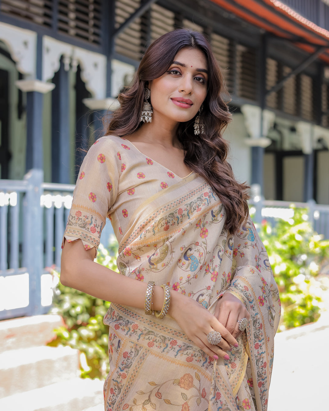 Ivory Cream Handloom Cotton Saree with Peacock & Floral Digital Print