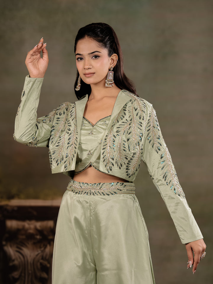 Sage Green Satin Co-Ord Set with Embroidered Crop Top, Designer Jacket & Wide-Leg Palazzo
