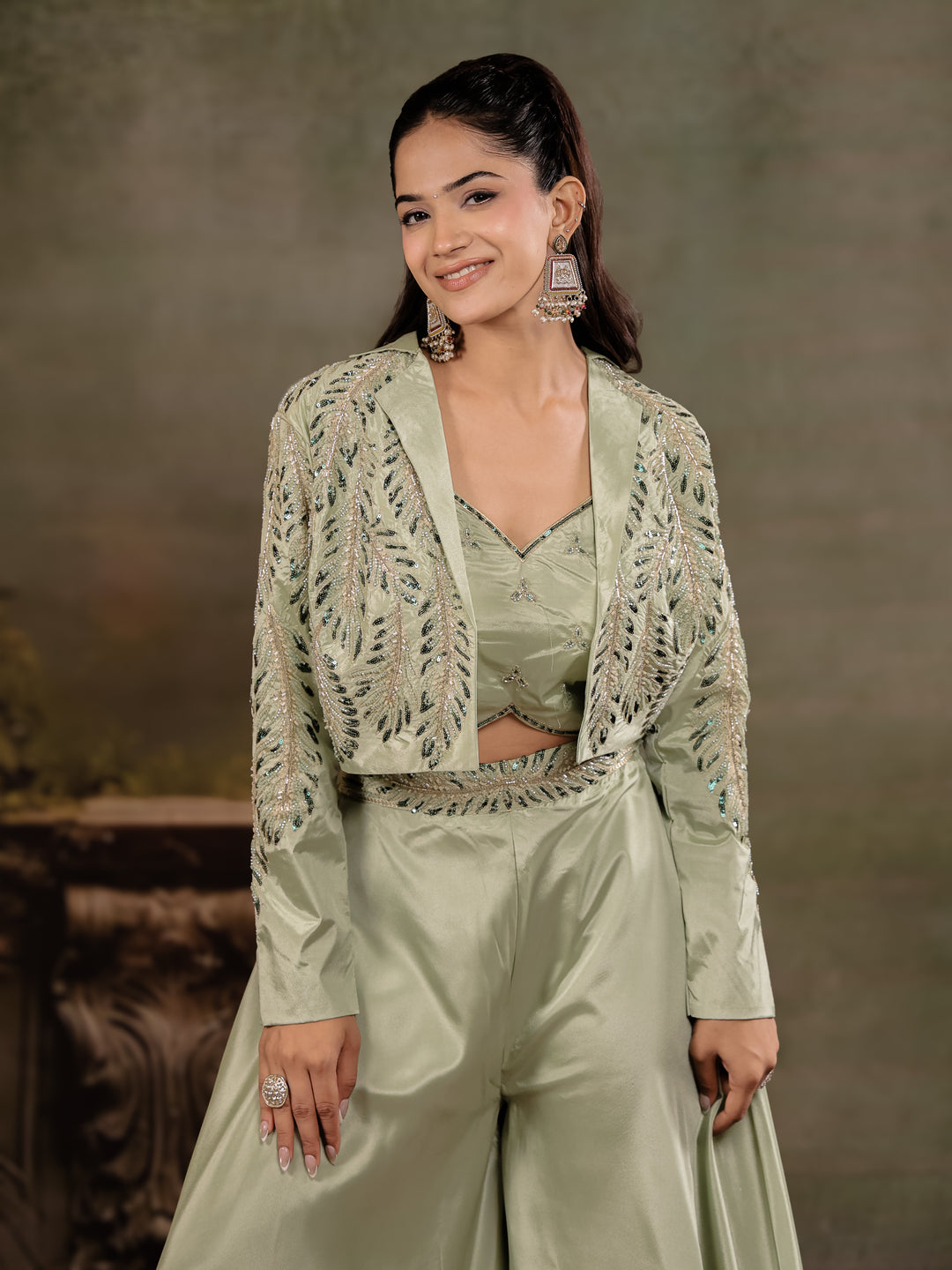 Sage Green Satin Co-Ord Set with Embroidered Crop Top, Designer Jacket & Wide-Leg Palazzo