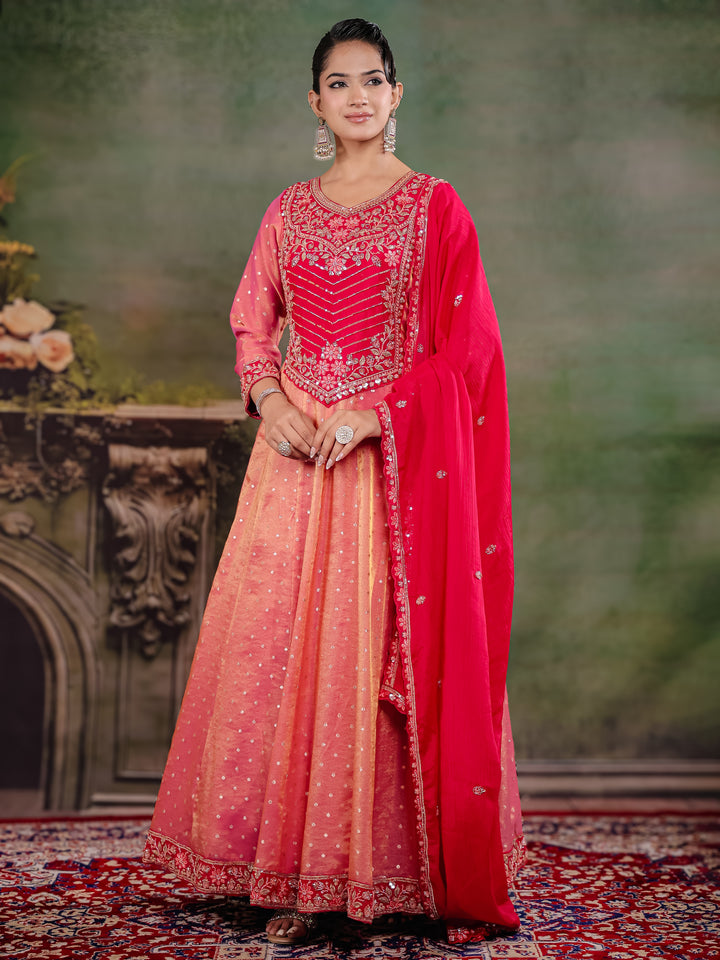Peach & Rani Pink Embroidered Anarkali Suit Set with Matching Dupatta