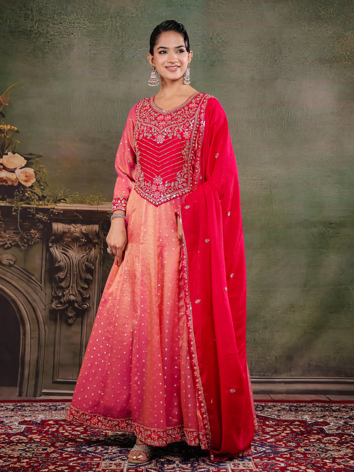 Peach & Rani Pink Embroidered Anarkali Suit Set with Matching Dupatta
