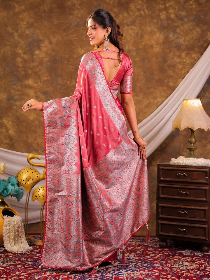 Rose Pink Kanjivaram Banarasi Satin Silk Saree with Antique Silver Zari Weaving, Heritage Pallu & Tassel Detailing