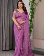 Royal Orchid Pink Printed Organza Saree with Geometric Motif Design & Multicolour Lace Border | Designer Lightweight Organza Saree with Attached Blouse Piece | Elegant Festive Wear Saree