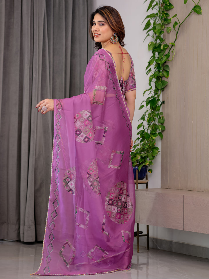 Royal Orchid Pink Printed Organza Saree with Geometric Motif Design & Multicolour Lace Border | Designer Lightweight Organza Saree with Attached Blouse Piece | Elegant Festive Wear Saree