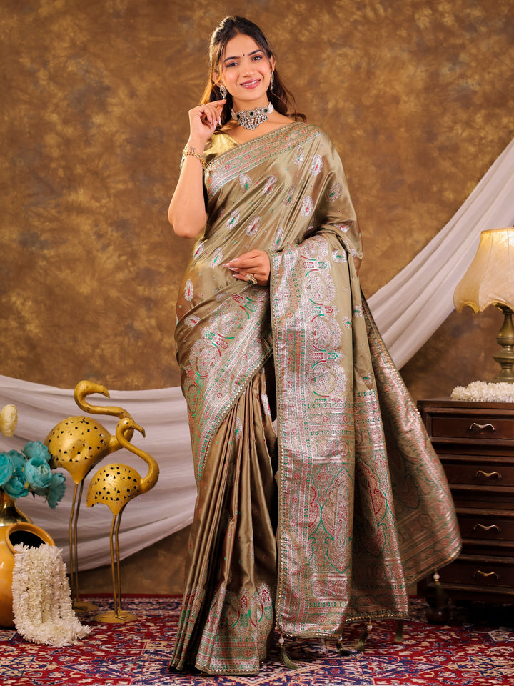 Olive Gold Kanjivaram Banarasi Satin Silk Saree with Antique Silver Zari Weaving, Heritage Pallu & Tassel Detailing